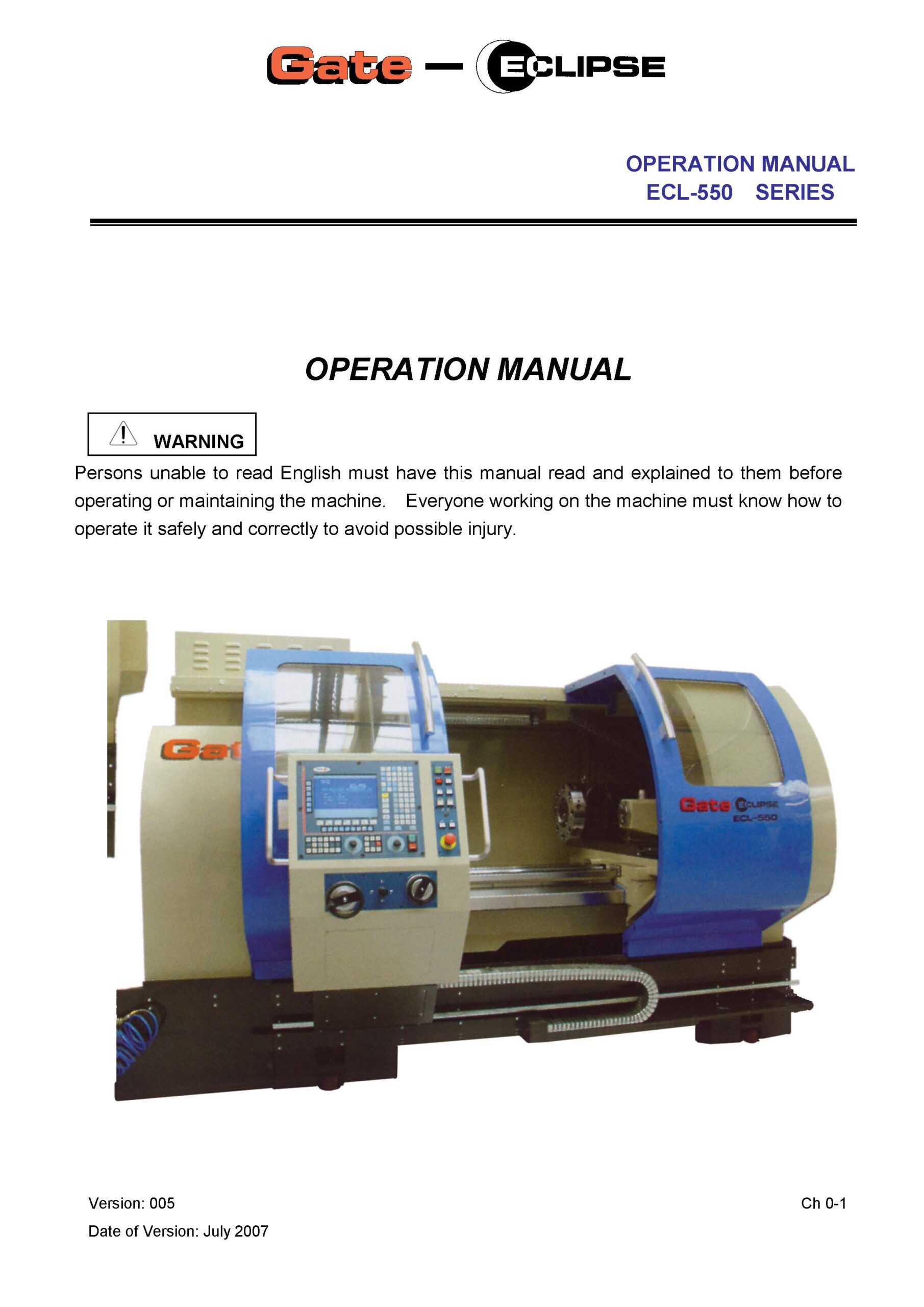 Operator Manual for Gate-Eclipse ECL-550 CNC Lathe with Fagor Control